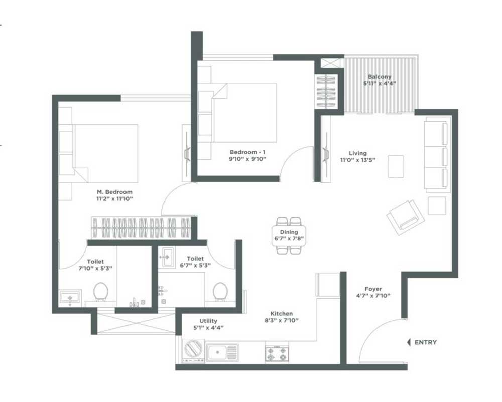 1 BHK — 663 sq.ft — Embassy Verde 2.0