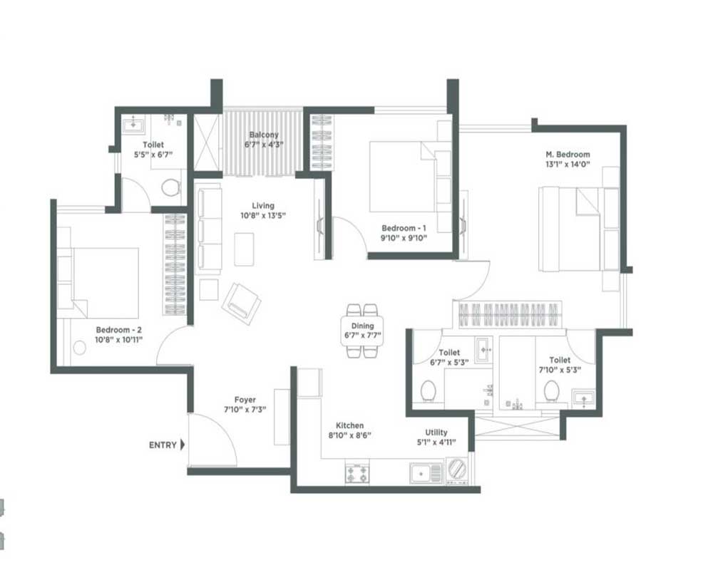 2 BHK — 946 sq.ft — Embassy Verde 2.0