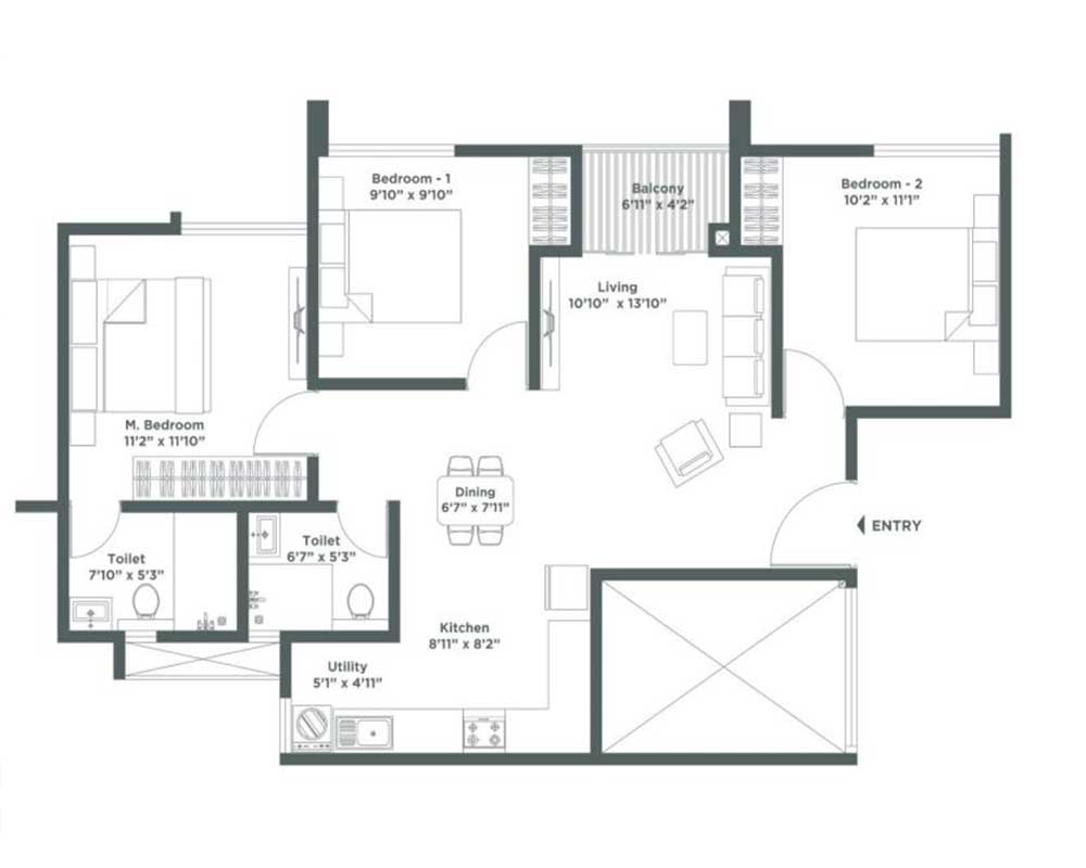 2.5 BHK — 1108 sq.ft — Embassy Verde 2.0