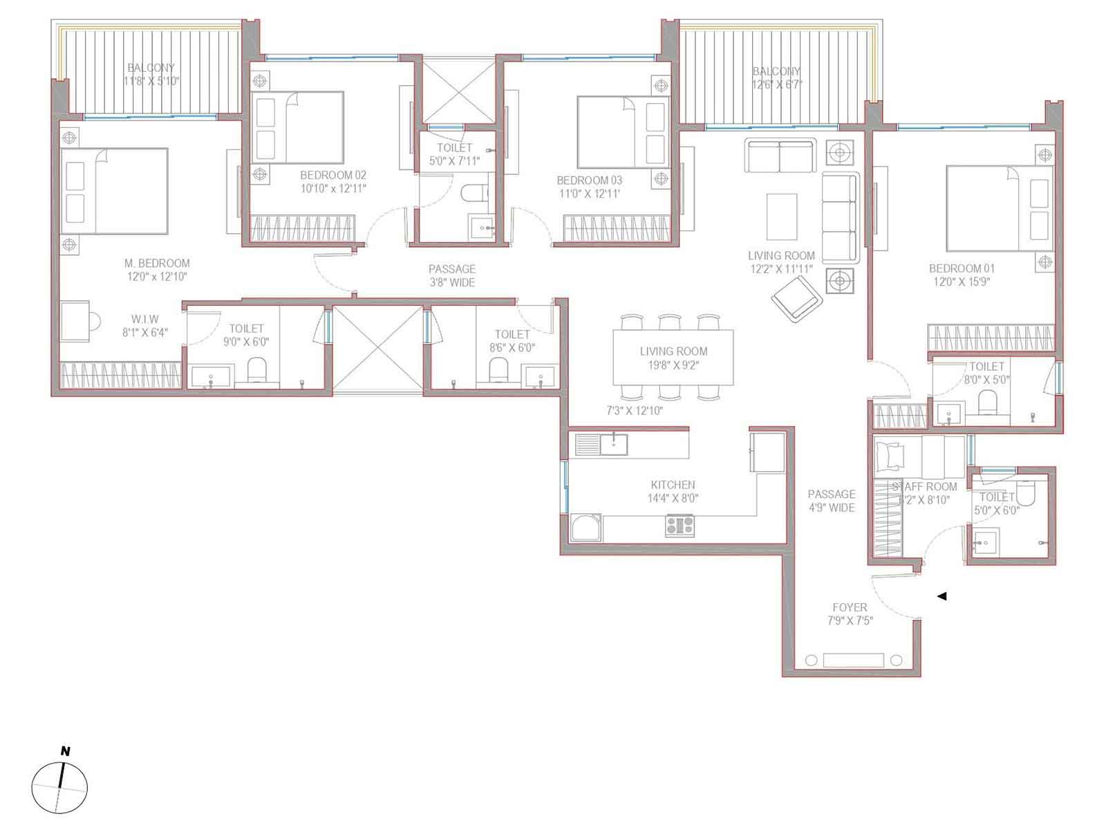 2 BHK — ~1200 sq.ft — Embassy Green Shores