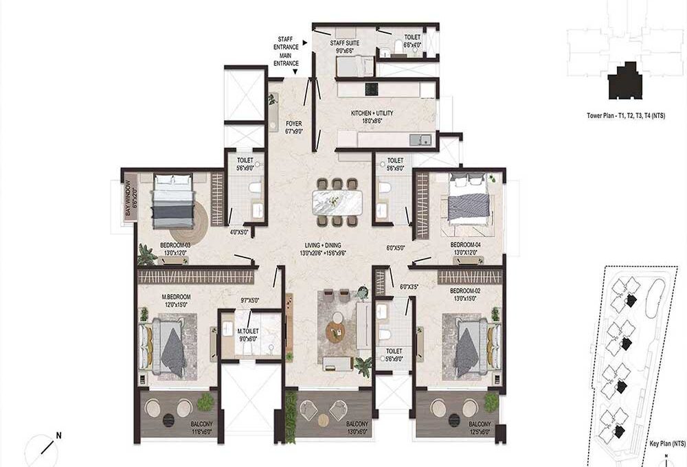 3 BHK — Floor Plan B — Embassy Sky Terraces Hebbal