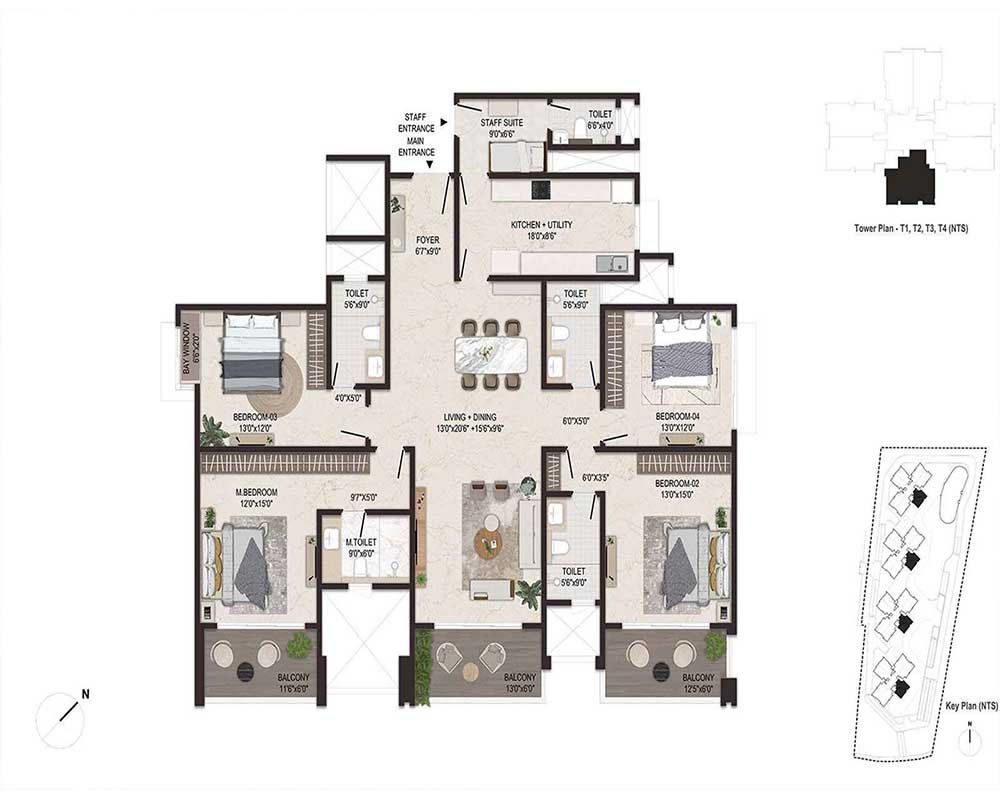 3 BHK — Floor Plan B — Embassy Sky Terraces Hebbal