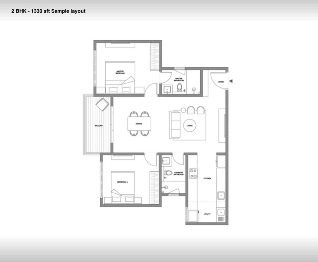 2 BHK — 1,330 sq.ft. — Embassy Southern Reserve