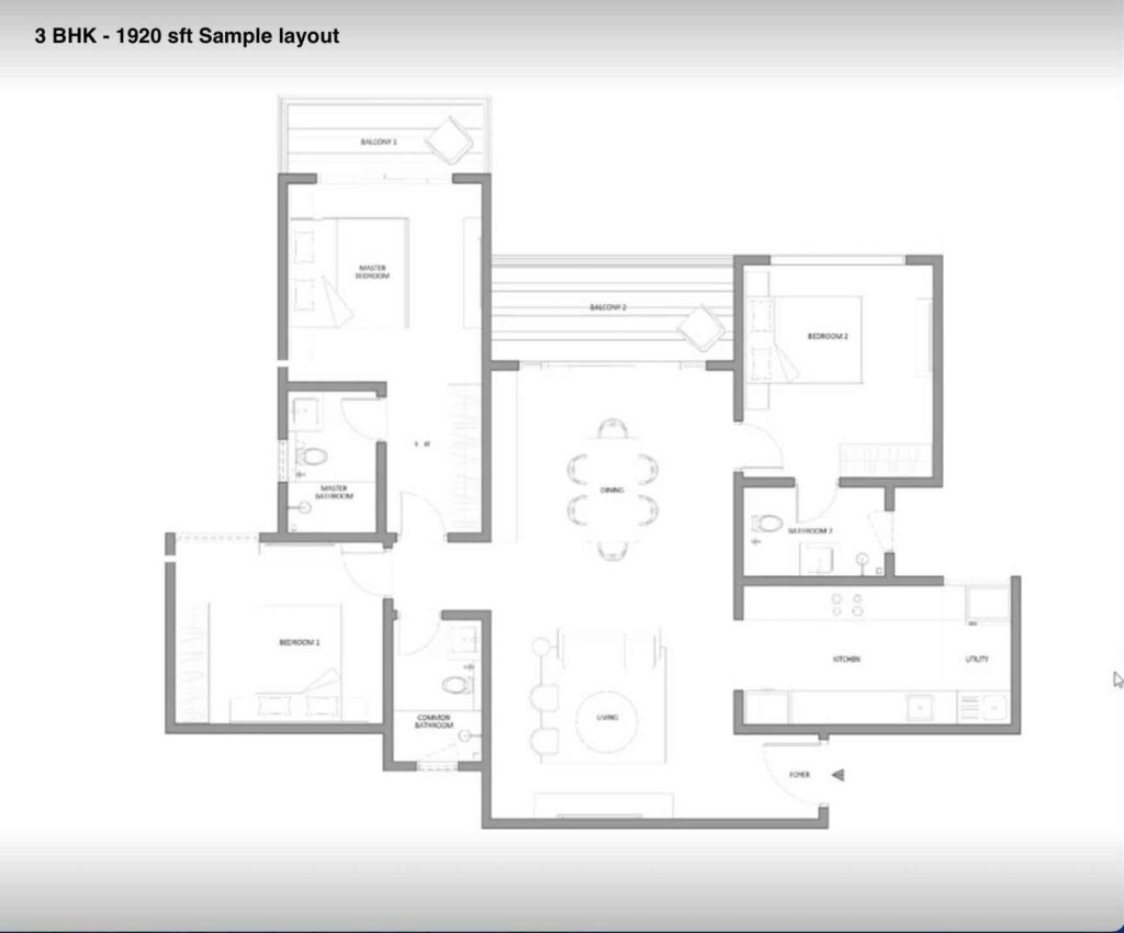 3 BHK — 1,896 sq.ft. — Embassy Southern Reserve
